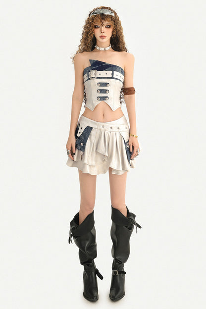 Silver Denim Patchwork Tube Top and Skirt Set-Up