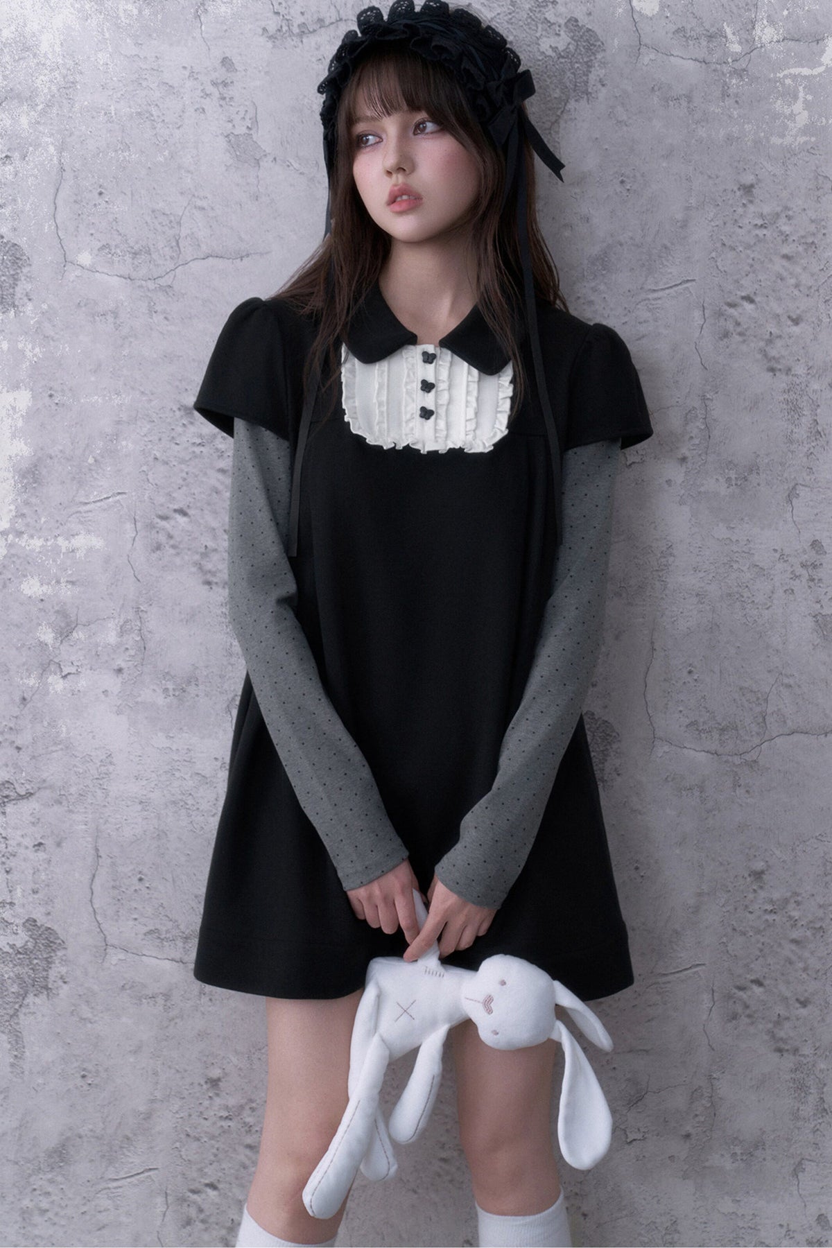 Dark Doll Collar Layered-Look Long Sleeve Dress