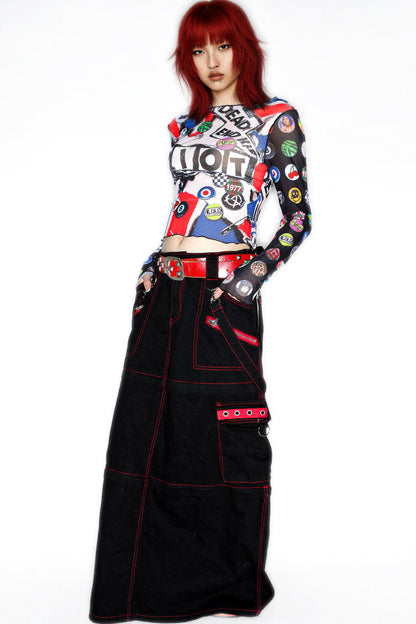 Y2K Graphic Long Sleeve Mesh Top