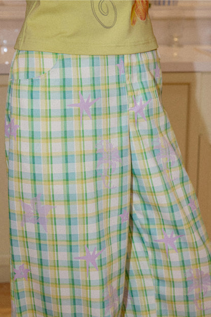 Elastic Plaid Straight-Leg Pants