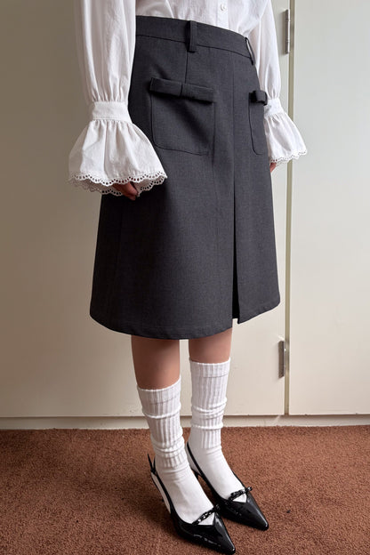 Gray Woolen Bow Pocket Skirt