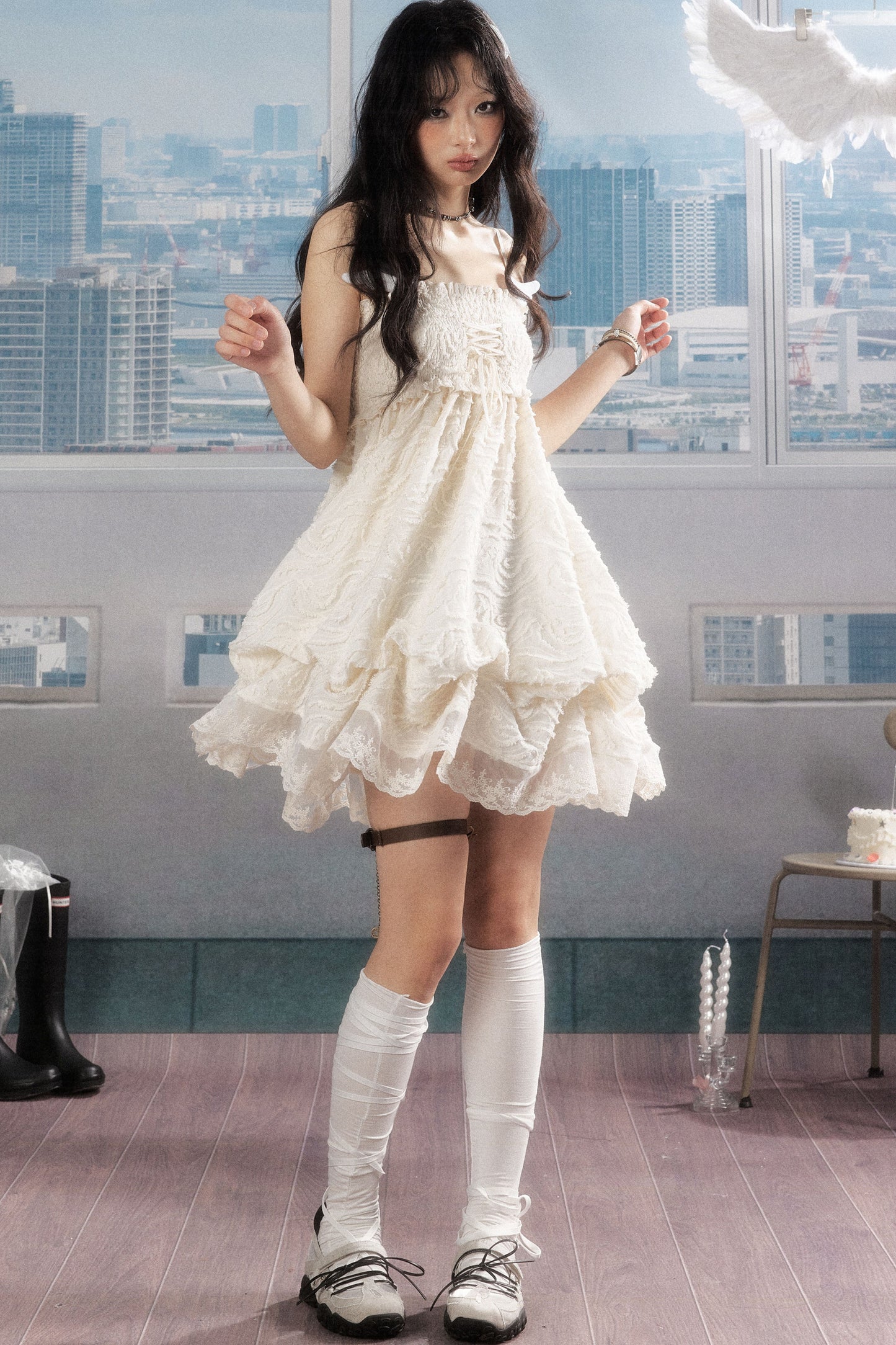 Pleated Lace Texture Camisole Dress