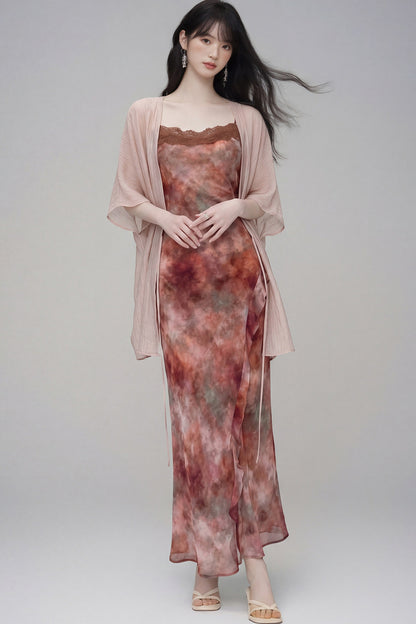 Gradient Print Suspender Dress with Cardigan Set-Up