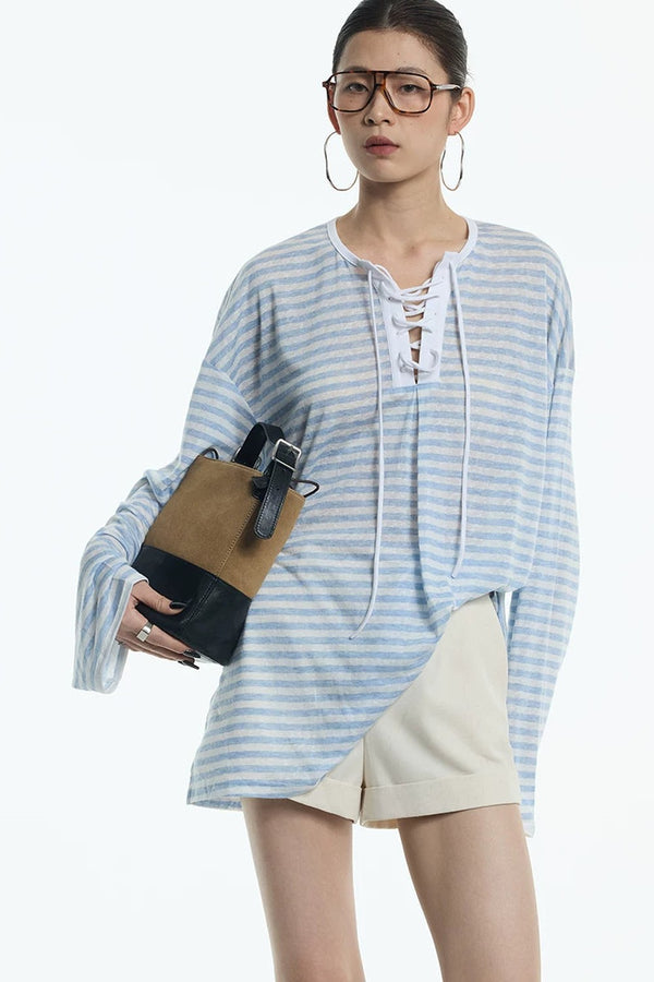 Navy Blue Tie-Neck Lyocell Top