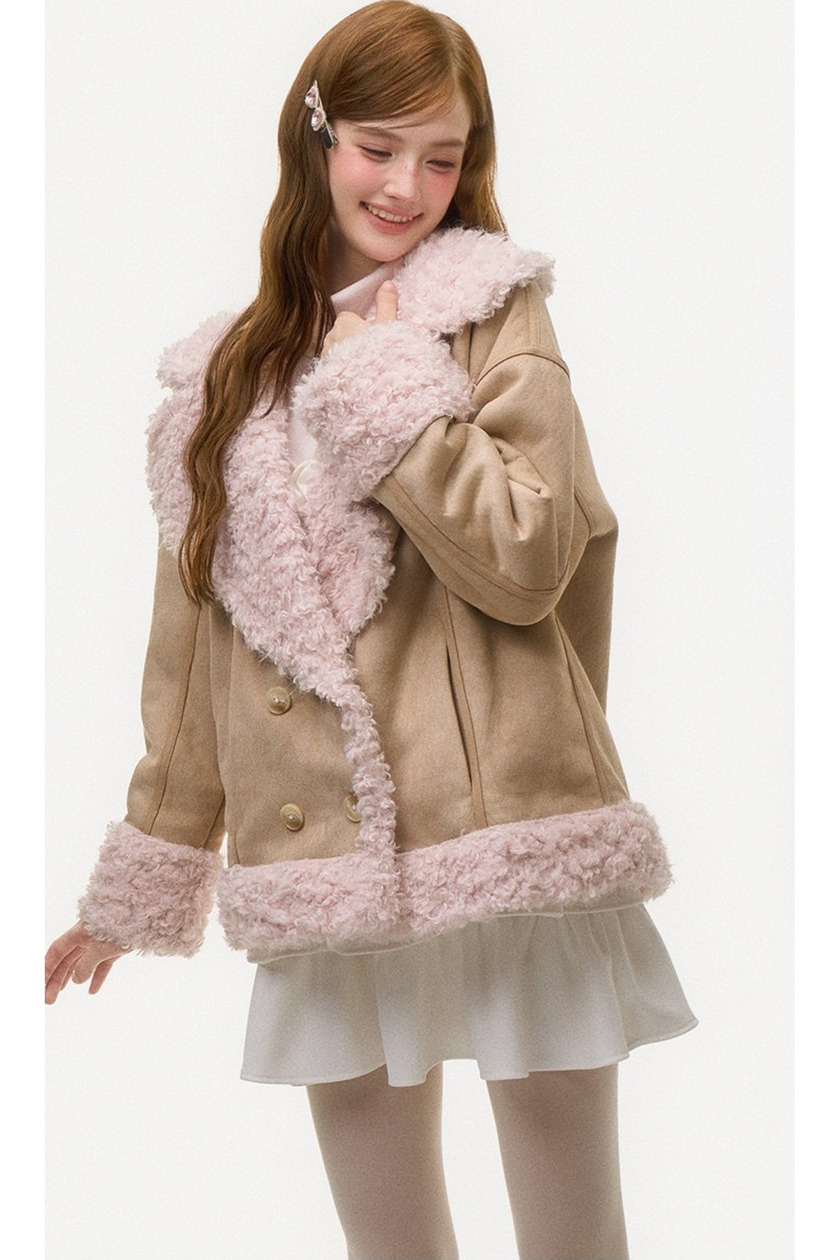 Pink Lamb Wool Patchwork Suede Jacket