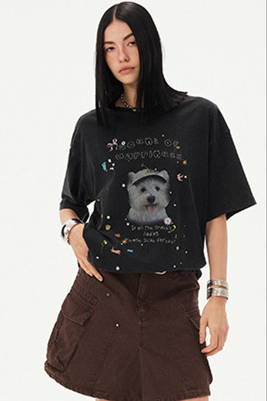 Rhinestone Cartoon Dog Drop Shoulder T-Shirt