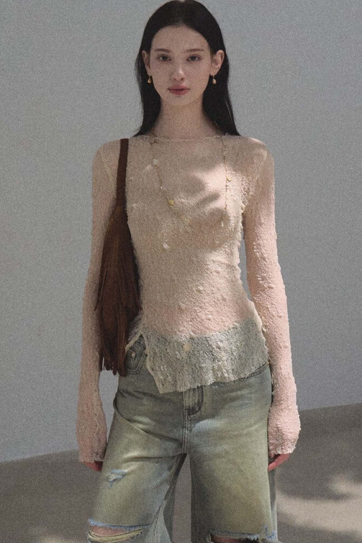 Silver Textured Knit Lace Top