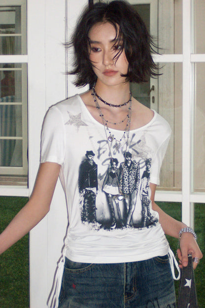 Portrait Print Drawstring Top