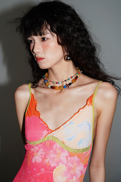 Chinese Print Lace Slip Dress