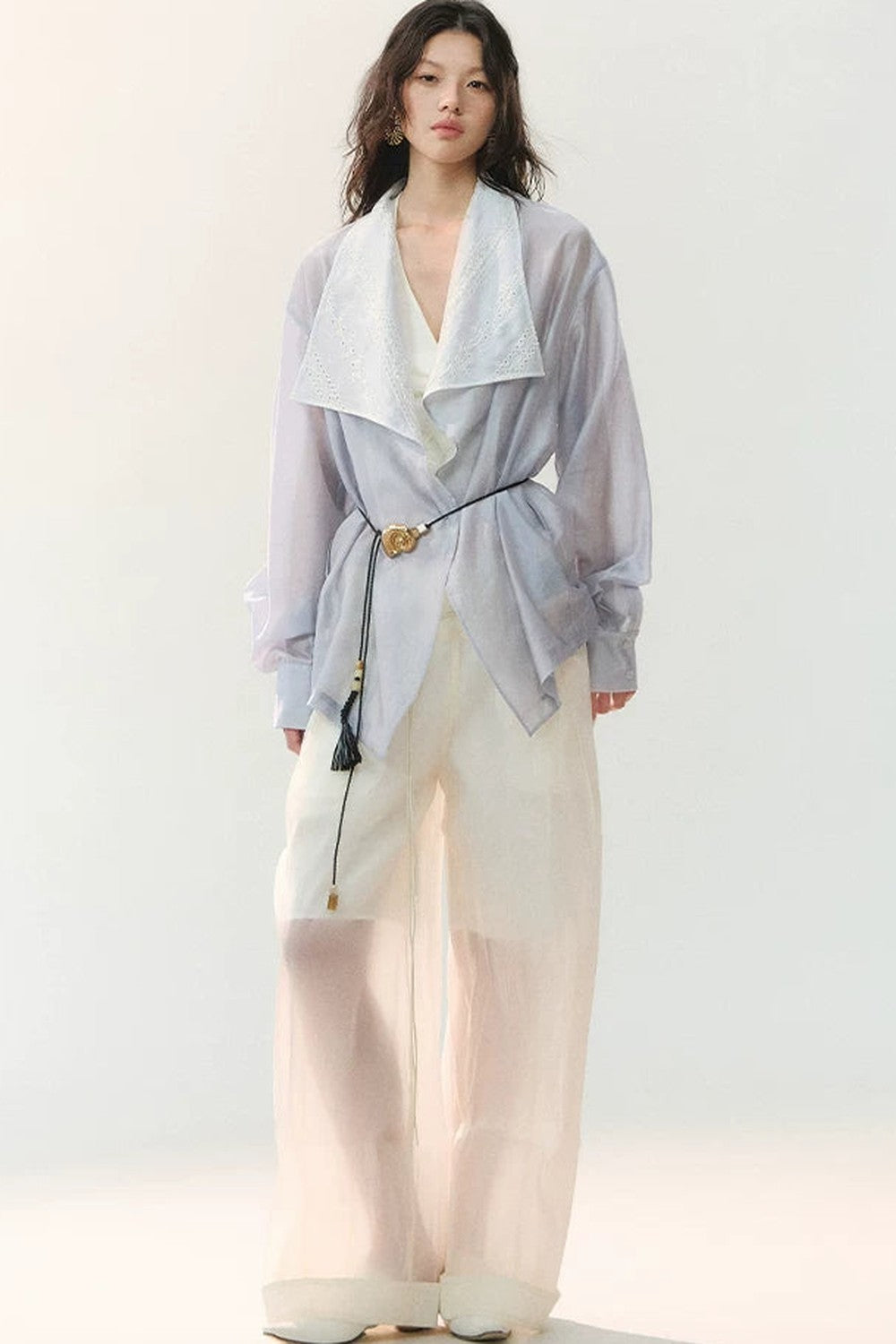 Folded Embroidery Plant Texture Shirt Set