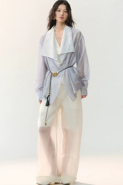 Folded Embroidery Plant Texture Shirt Set