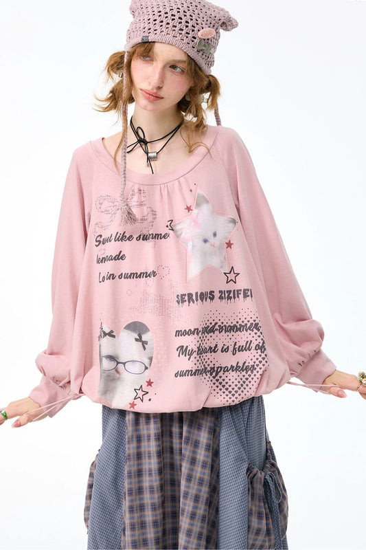 Tee-shirt rose à imprimé chat et manches lanterne
