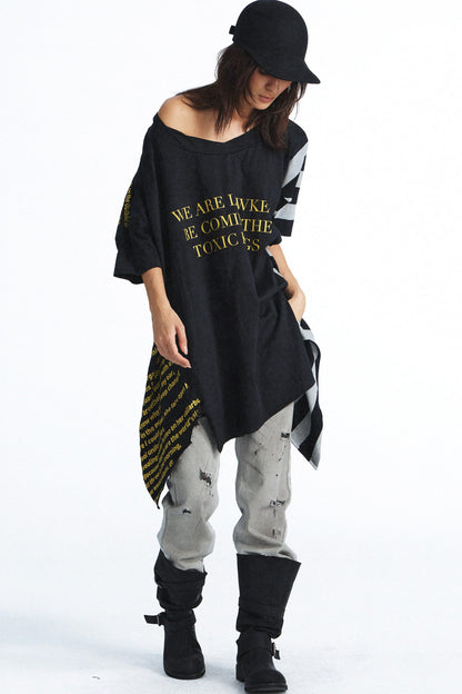 Vintage Letter Patchwork Stereo Cut Robe-Style T-shirt