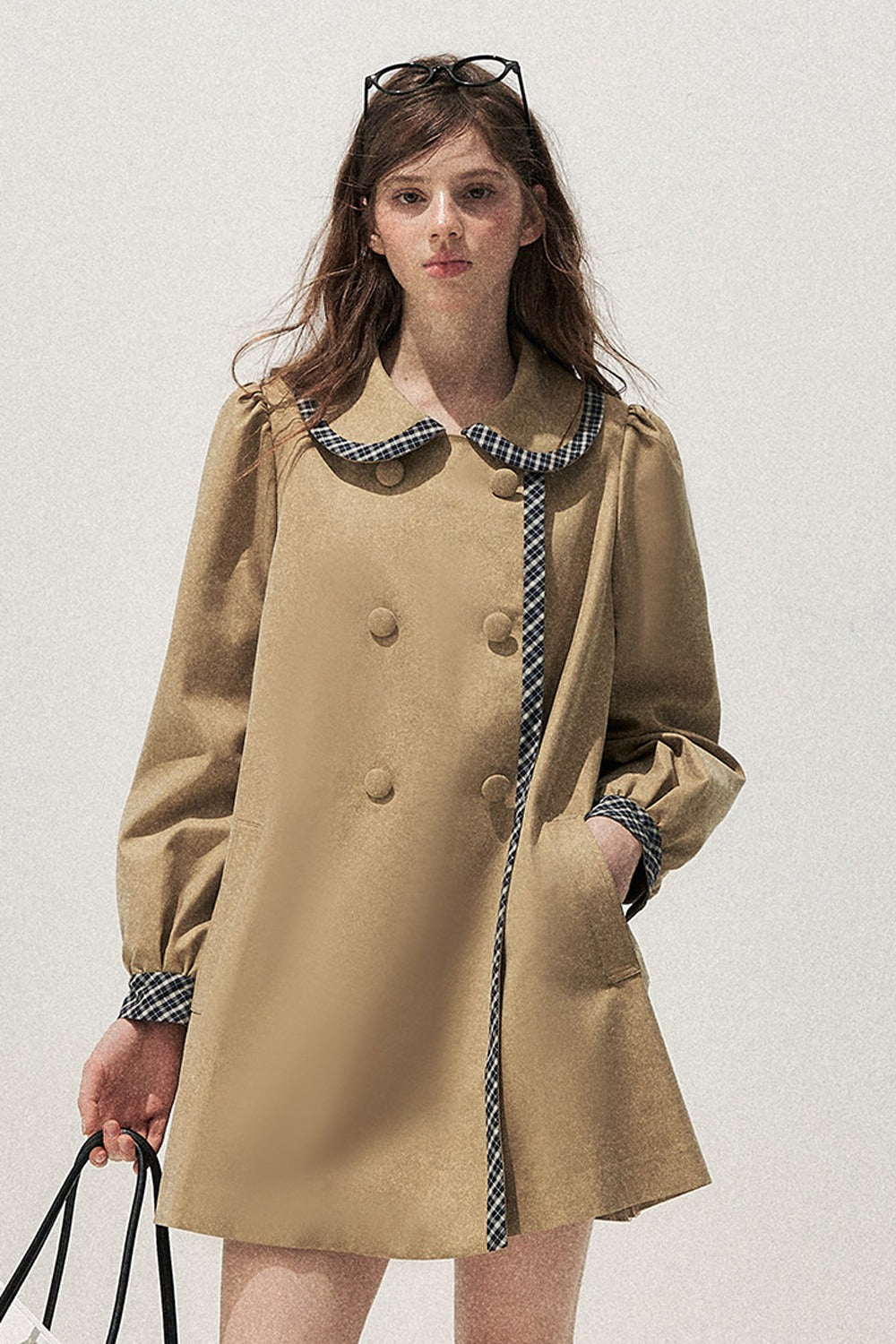Doll Collar Double-Breasted Plaid Trench Coat