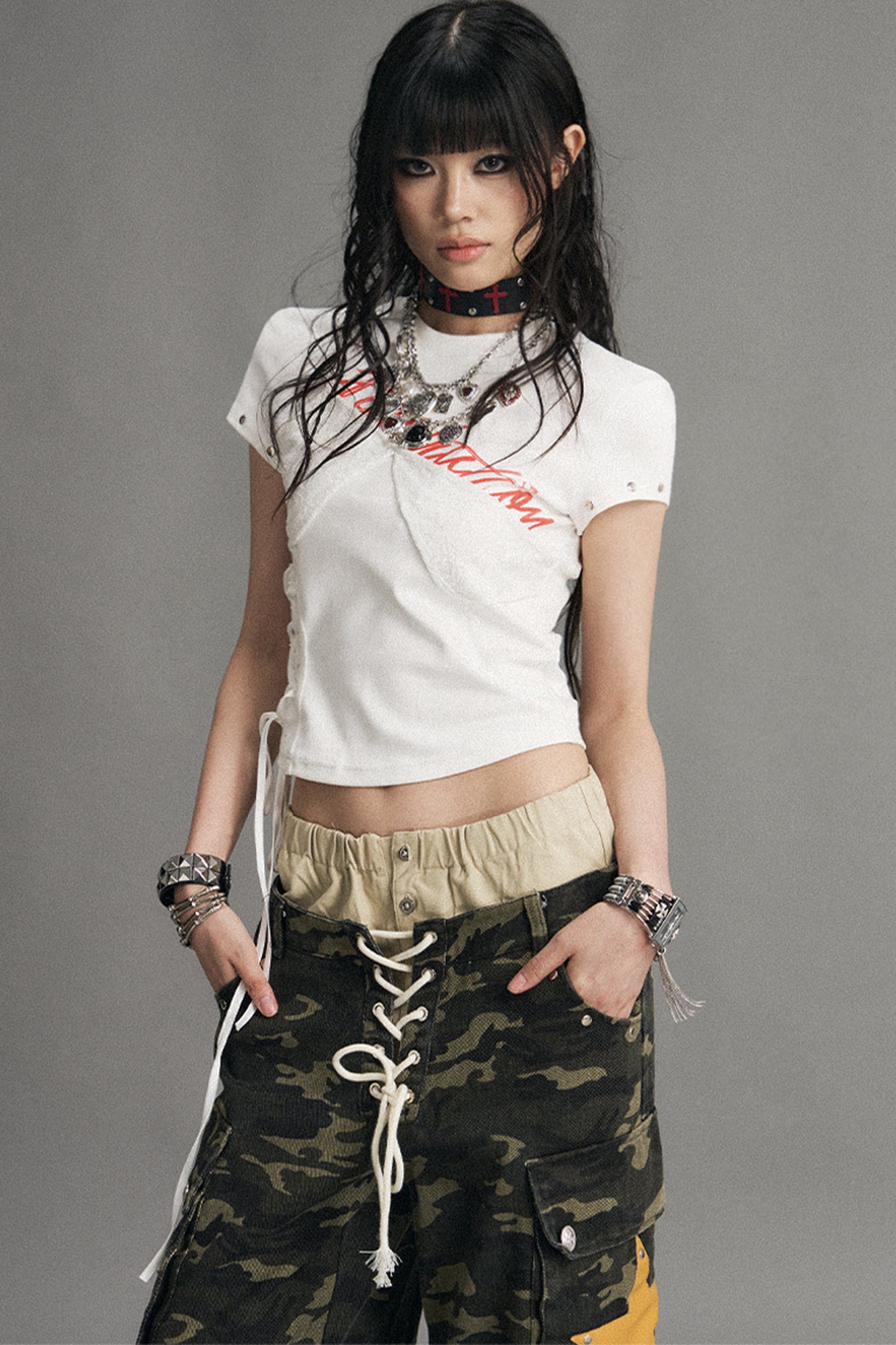 Punk Lace-Up Graphic Print Top