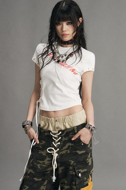 Punk Lace-Up Graphic Print Top