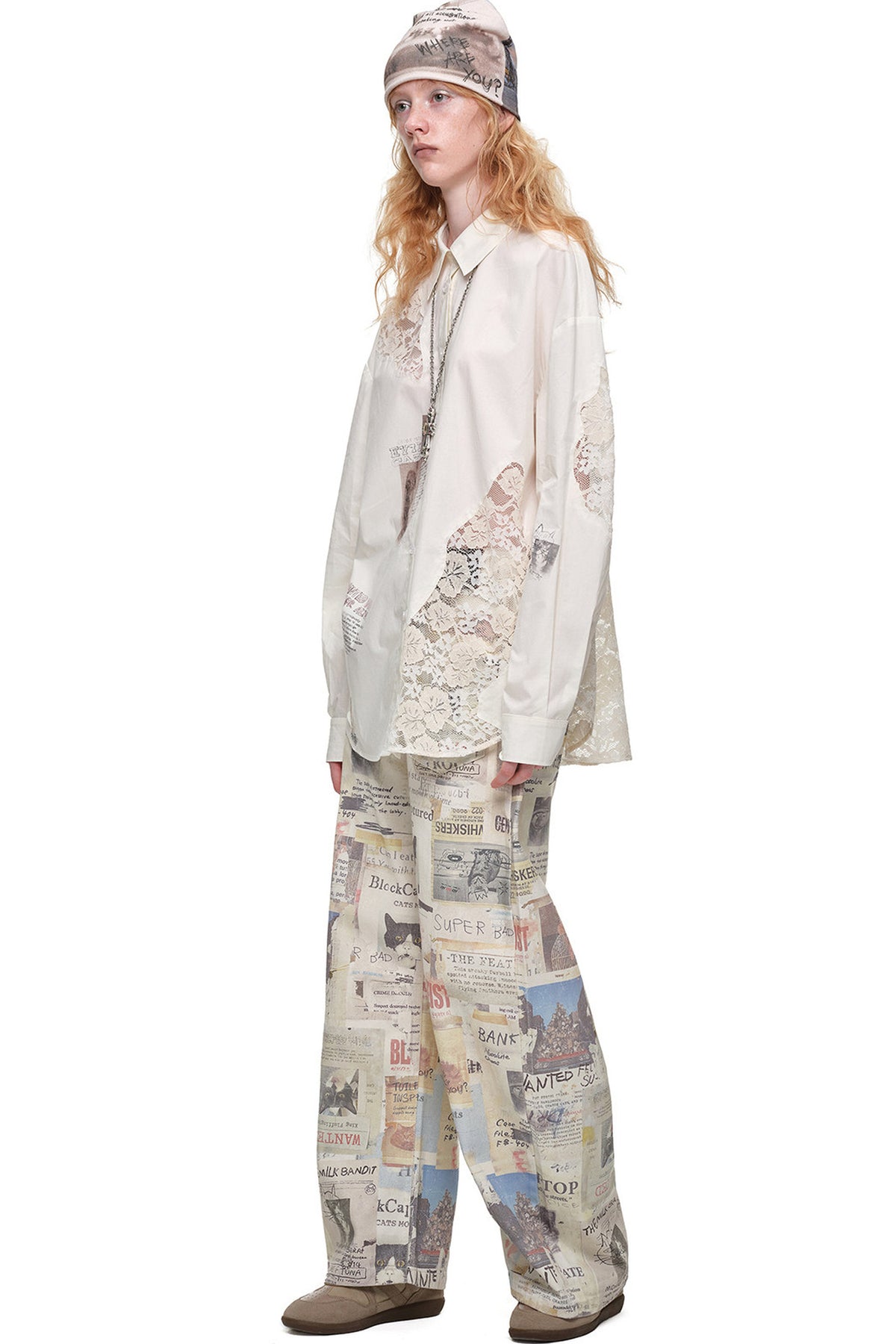 Cat Print Lace Patchwork Long Sleeve Shirt