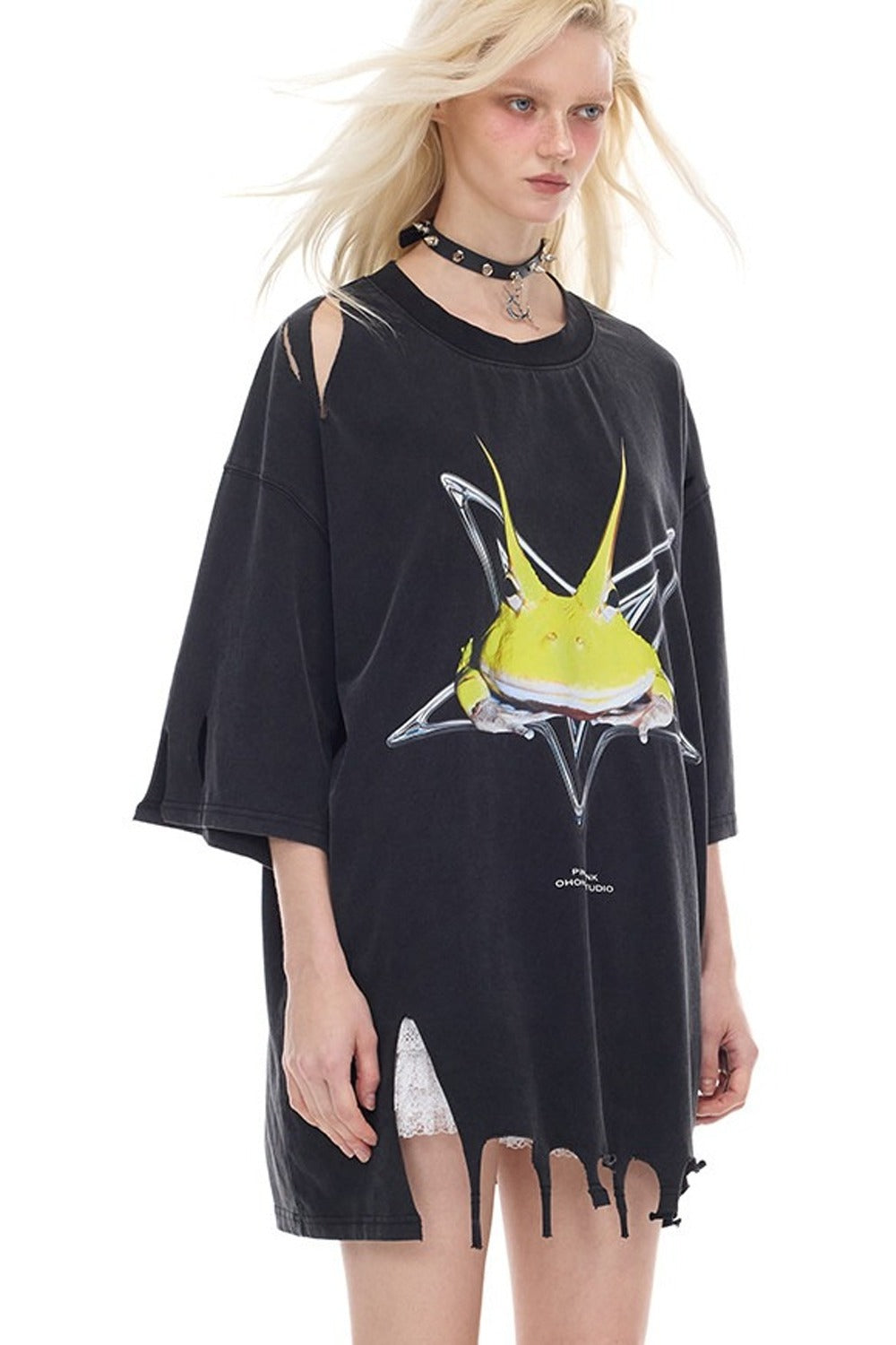 Rock Frog Distressed Irregular Hem T-Shirt