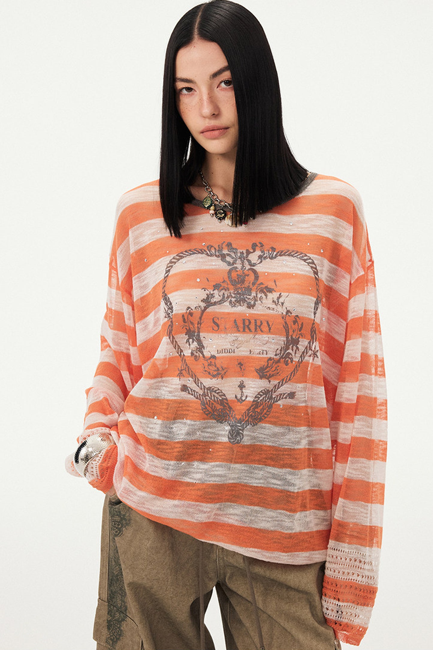 Knotted Heart Striped Knit Blouse