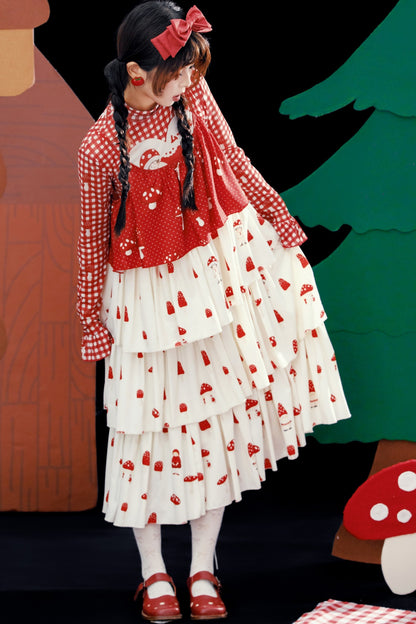 Red Mushroom Print Layered-Look Suspender Dress