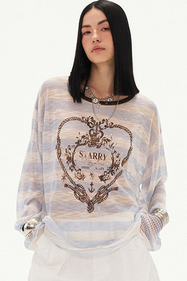 Knotted Heart Striped Knit Blouse