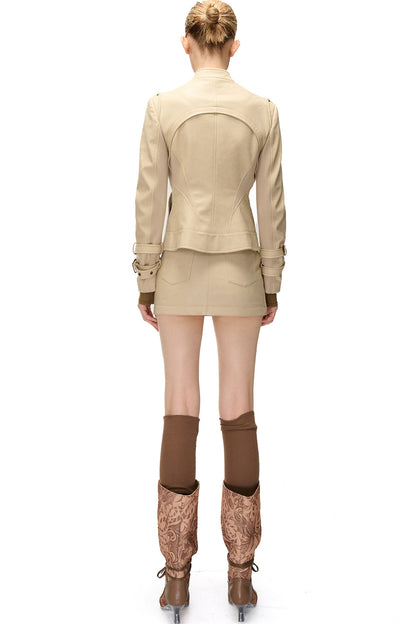 Slim-Fitting Functional Spliced PU Leather Jacket
