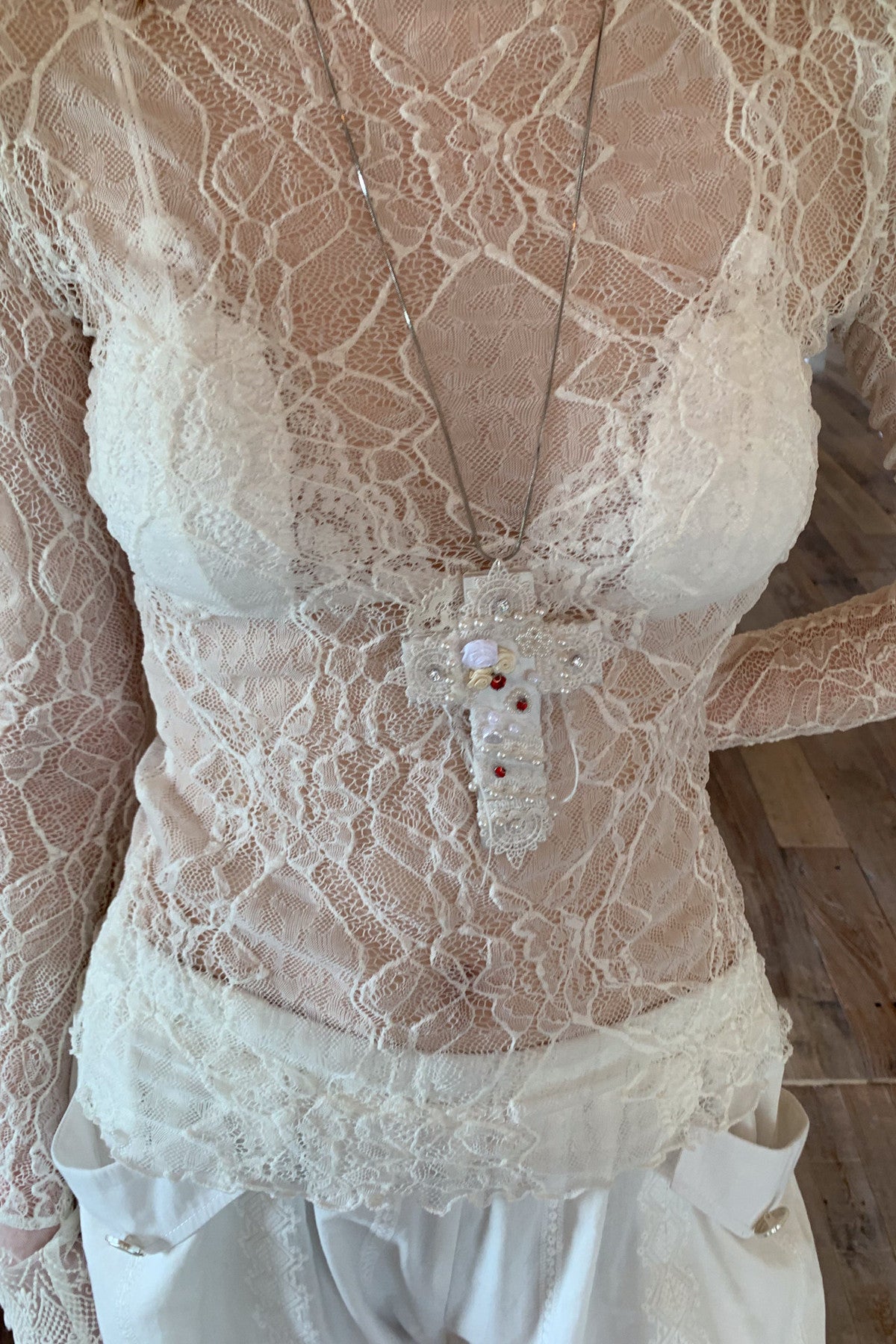Lace Spliced Beaded Cross Necklace