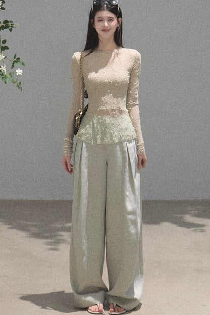 Goldene weite Seiden-Leinen-Hose