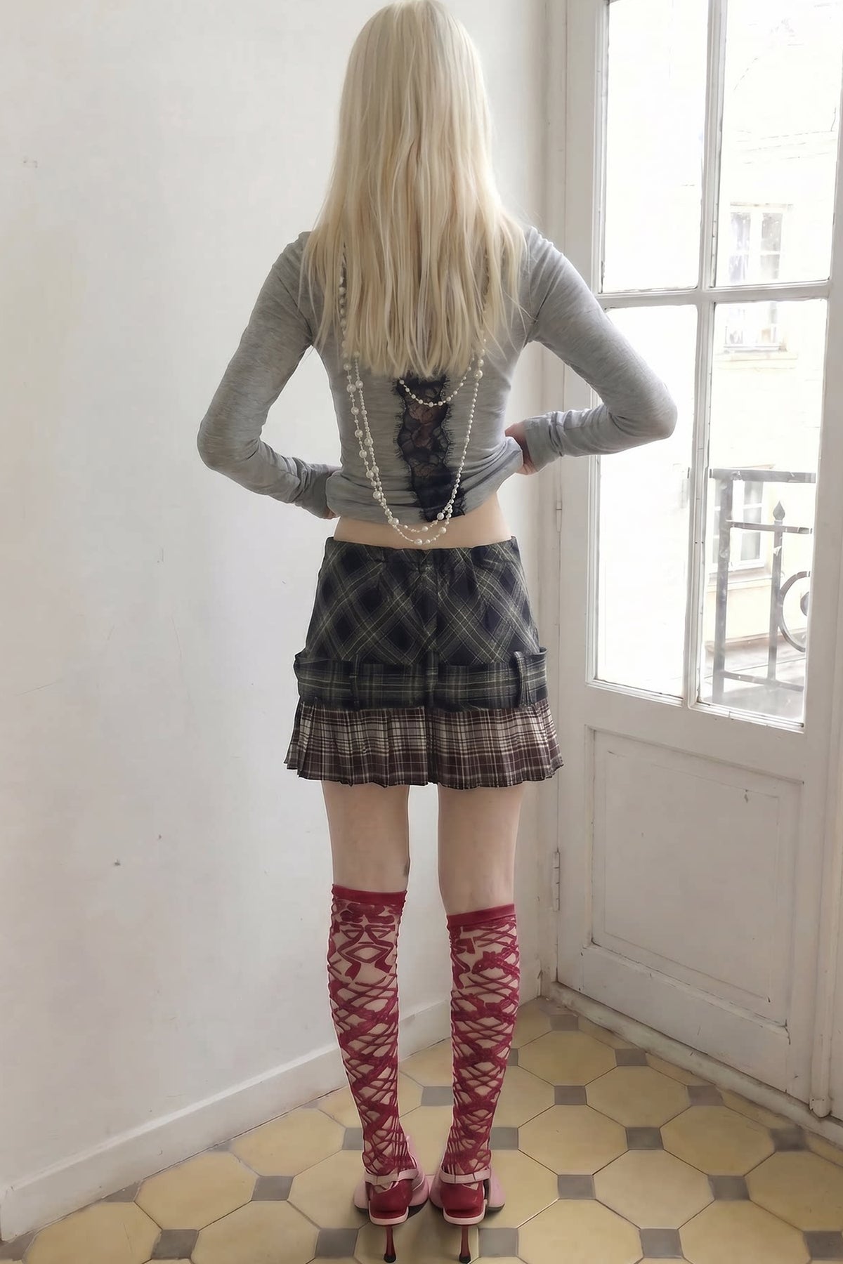 A-Line Plaid Pleated Low-Waisted Skirt