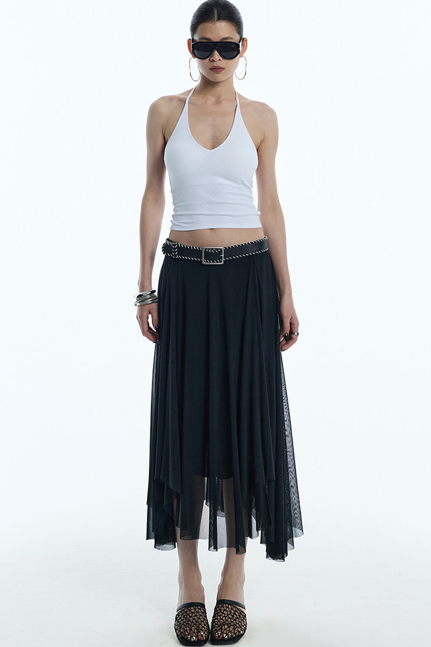 Asymmetrical Hem Mesh Skirt