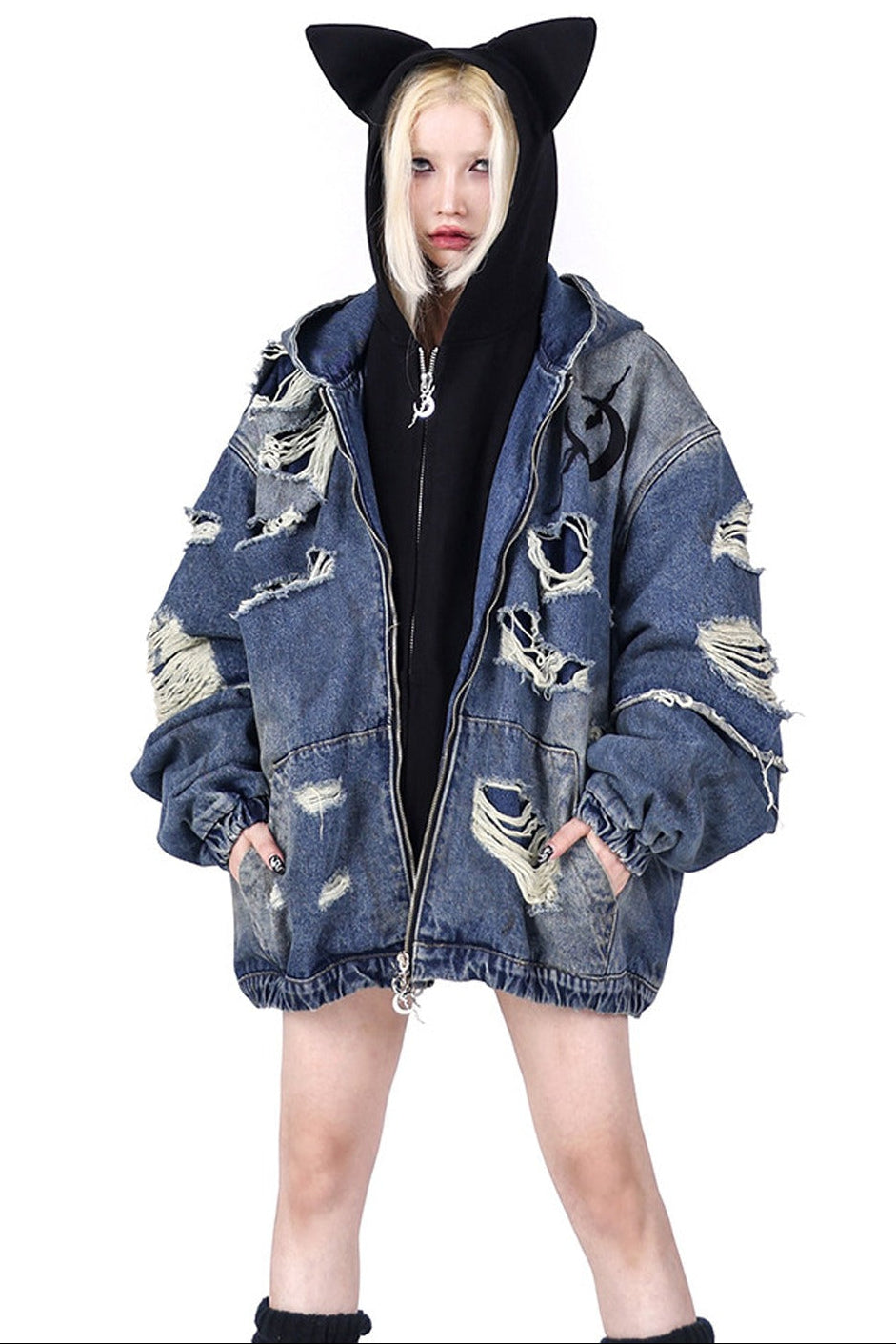 Cat Ear Double Zipper Hooded Jacket