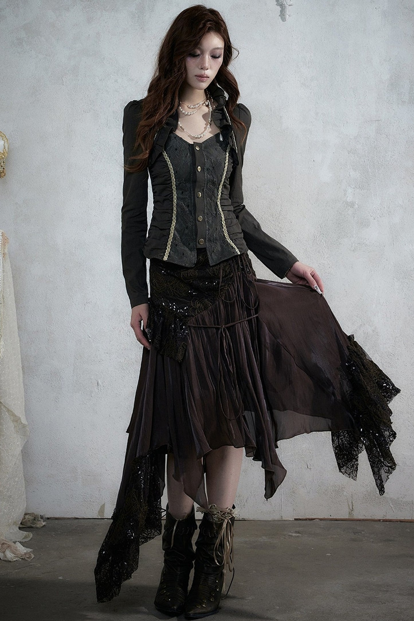 Lace Patchwork Ruched Layered-Look Shirt