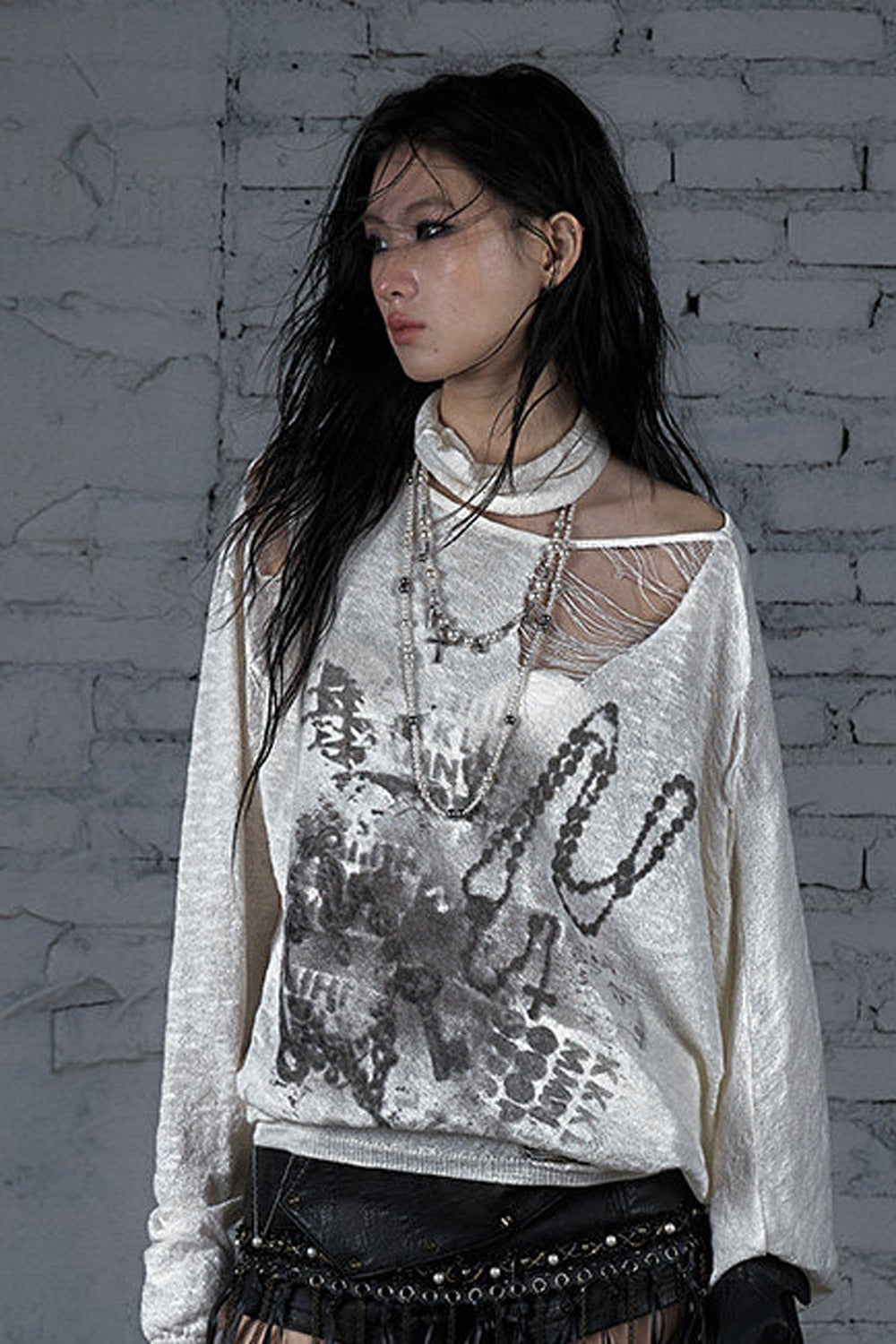 Ripped Off-Shoulder Punk Print Knit Top
