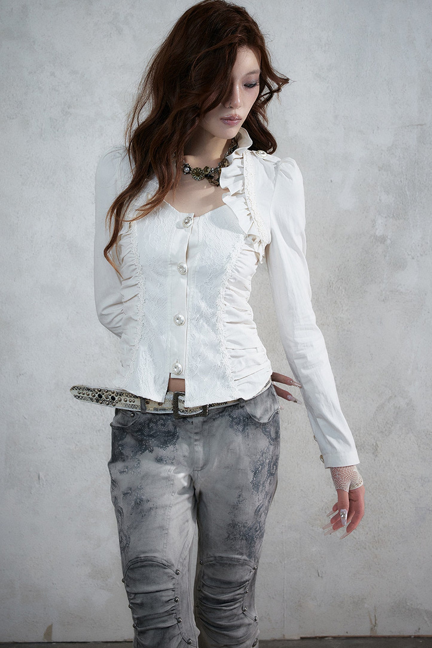Lace Patchwork Ruched Layered-Look Shirt
