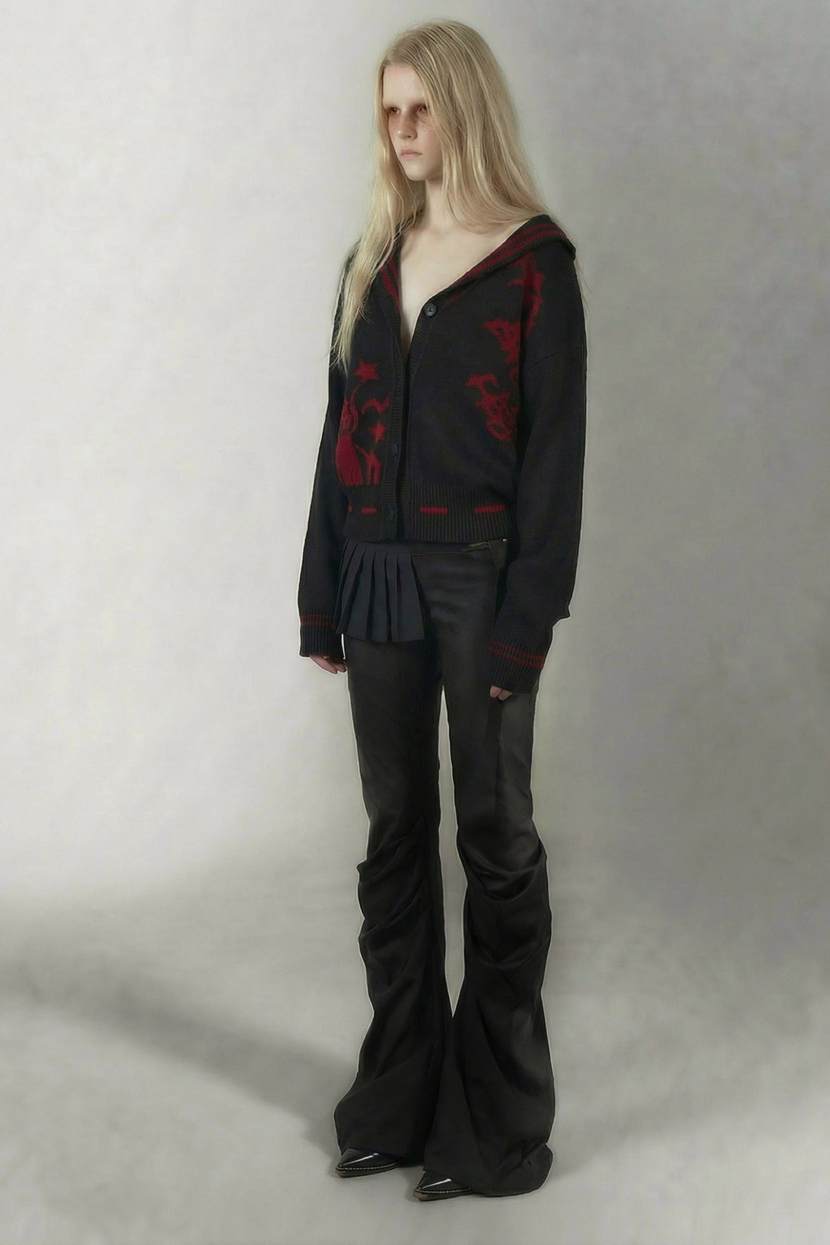 Red Pattern Sailor Hood Cardigan