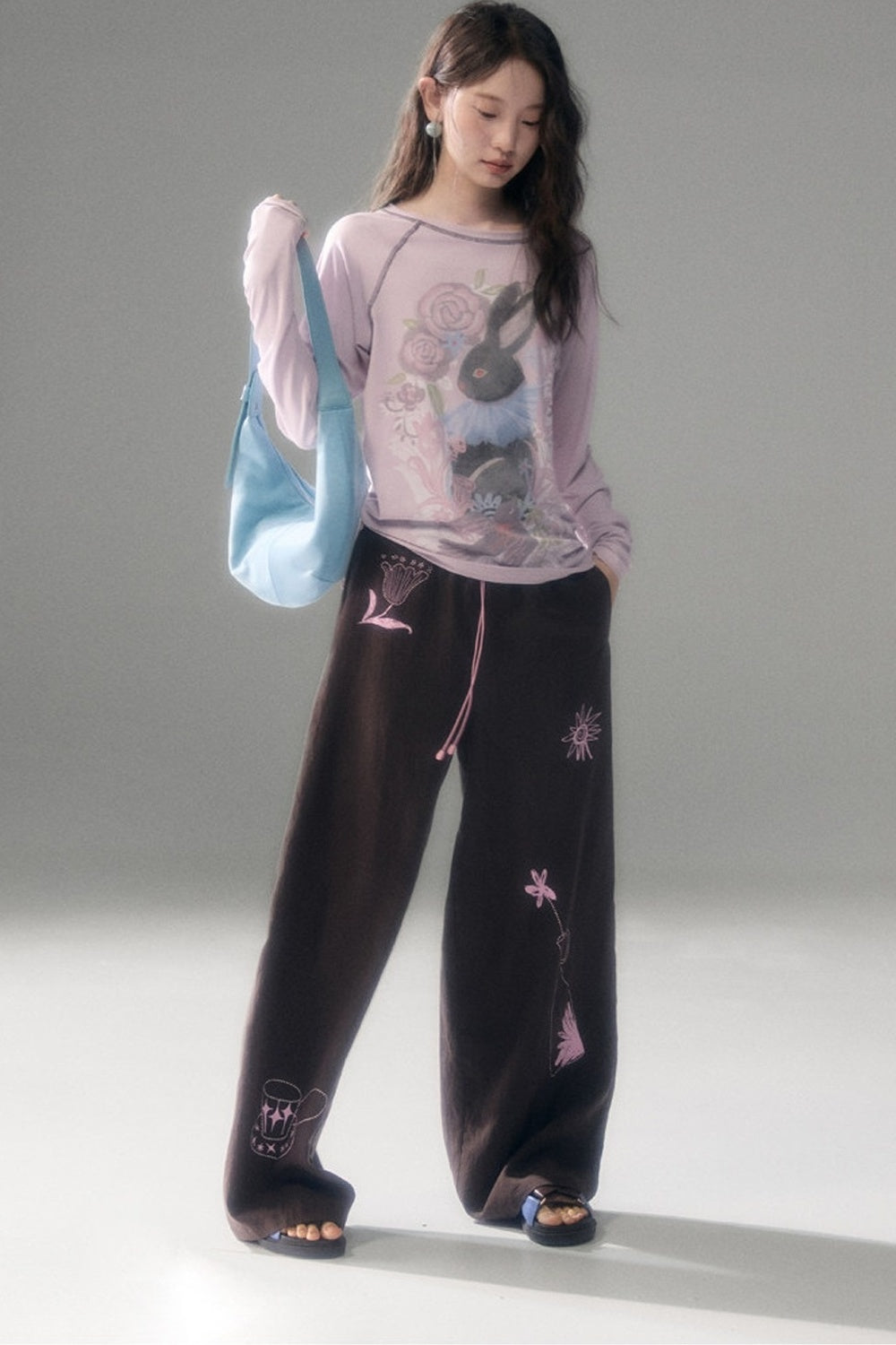 Bunny Print Tencel Long-Sleeved T-Shirt and Pants Set-Up