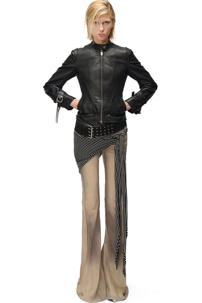 Slim-Fitting Functional Spliced PU Leather Jacket