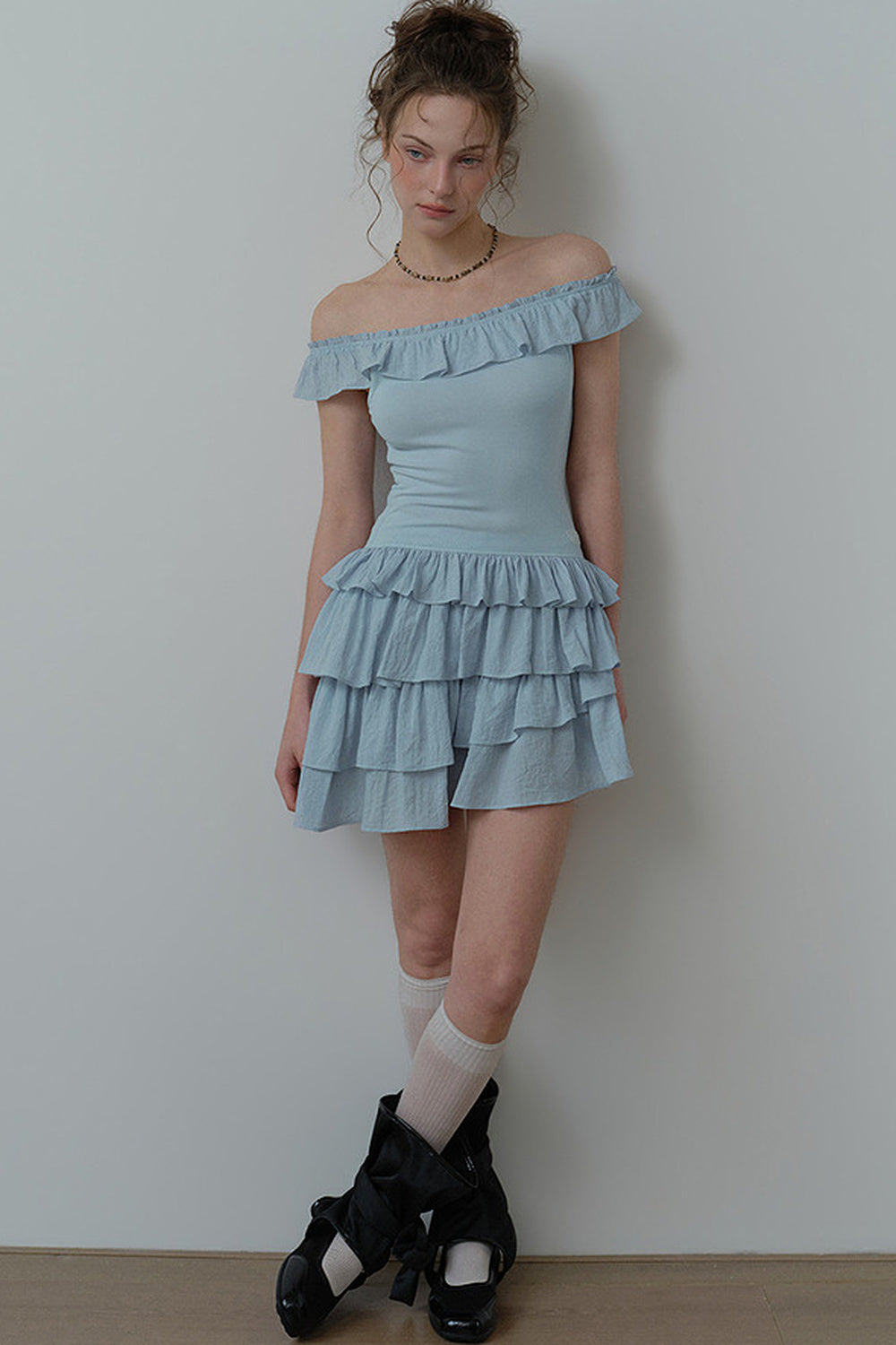 Mist Blue Ruffle Dress and Leggings Set