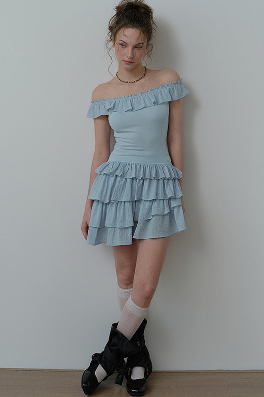 Mist Blue Ruffle Dress and Leggings Set