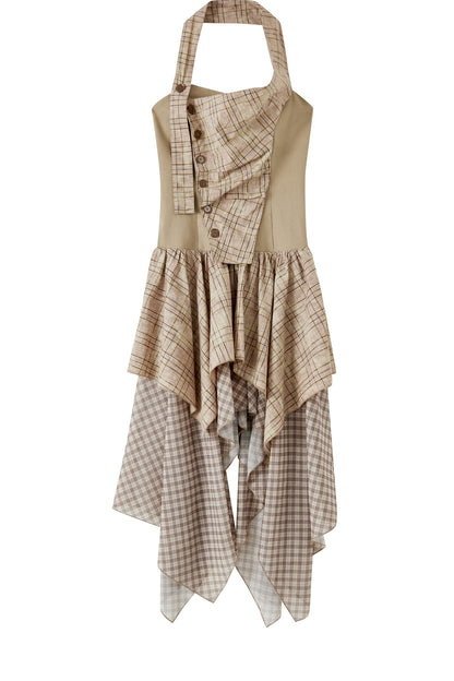 Plaid Asymmetrical Halter Dress