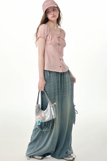 Pink Plaid Puff Sleeve Top