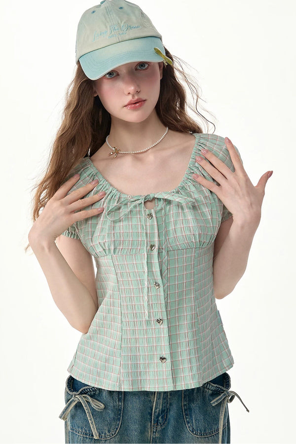 Green Plaid Puff Sleeve Shirt