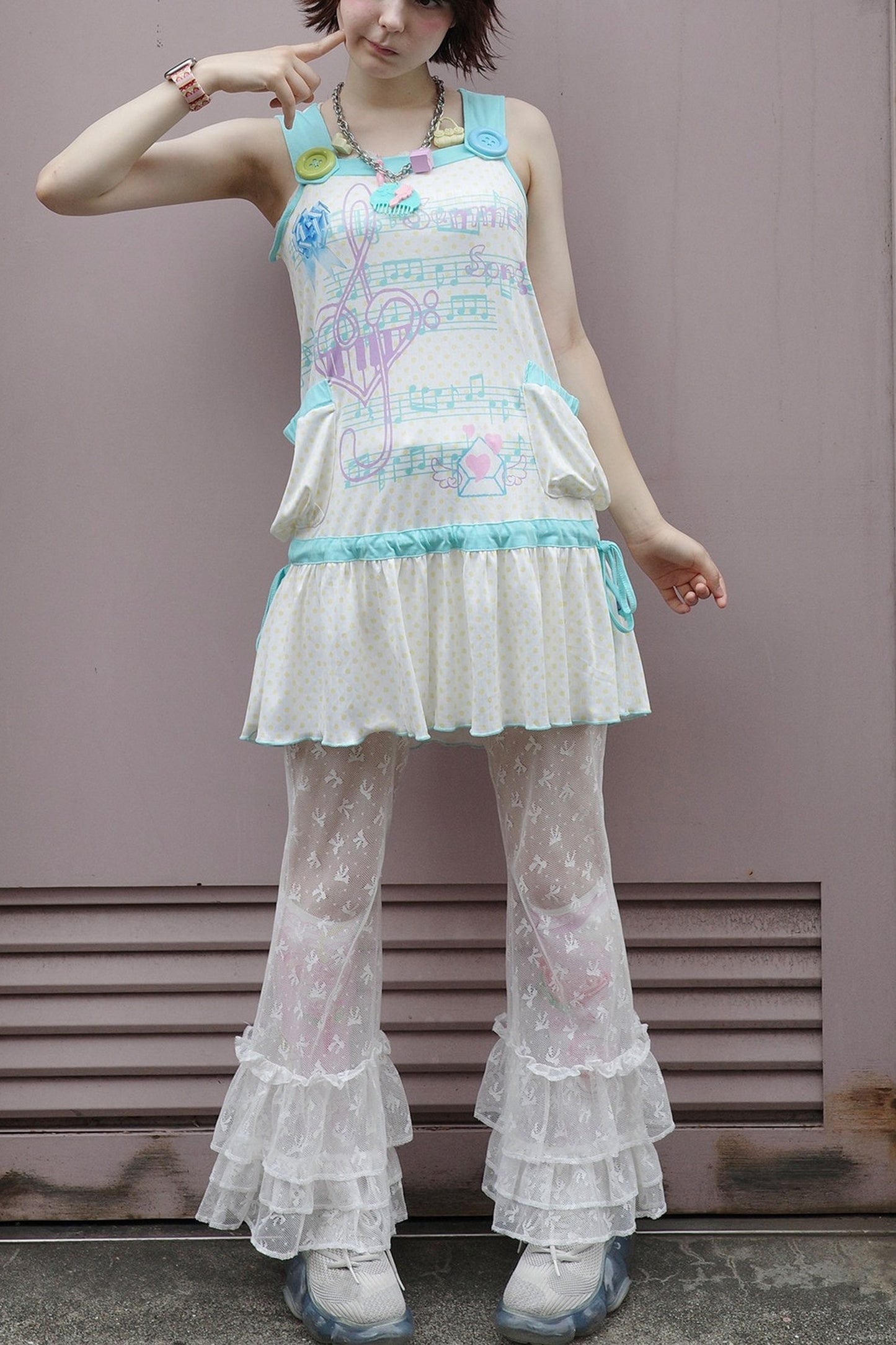 Y2K Music Print Layered-Look Vest Dress