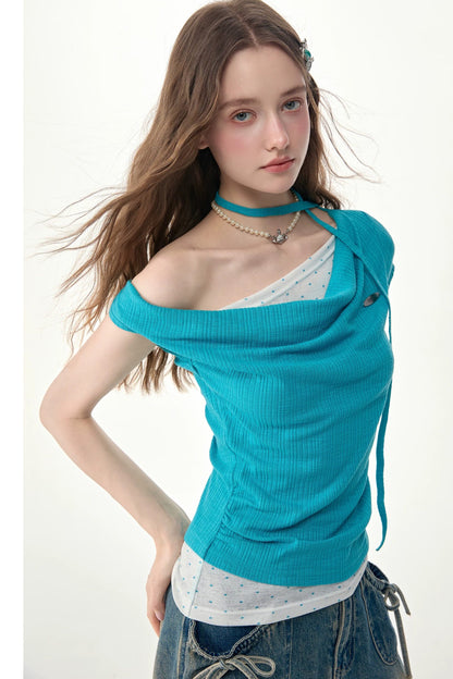 Blue Polka Dot Asymmetric Ruffle T-Shirt