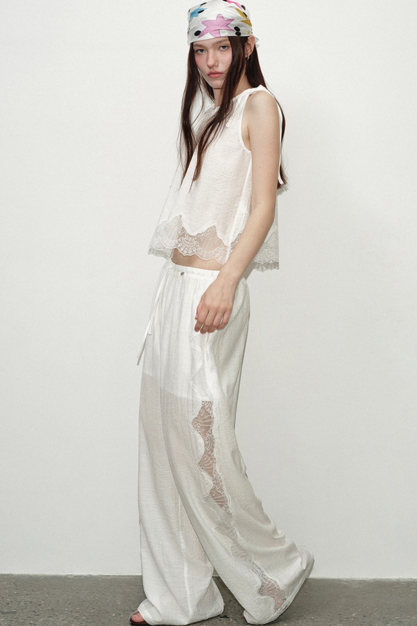 White Lace Trim Tank Top and Pants Set