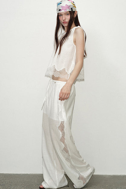 White Lace Trim Tank Top and Pants Set
