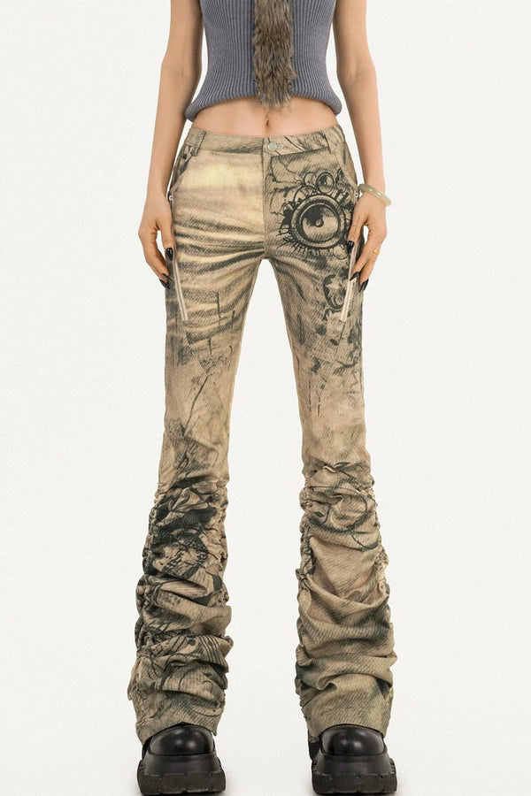 Retro Ink Print Flared Pants