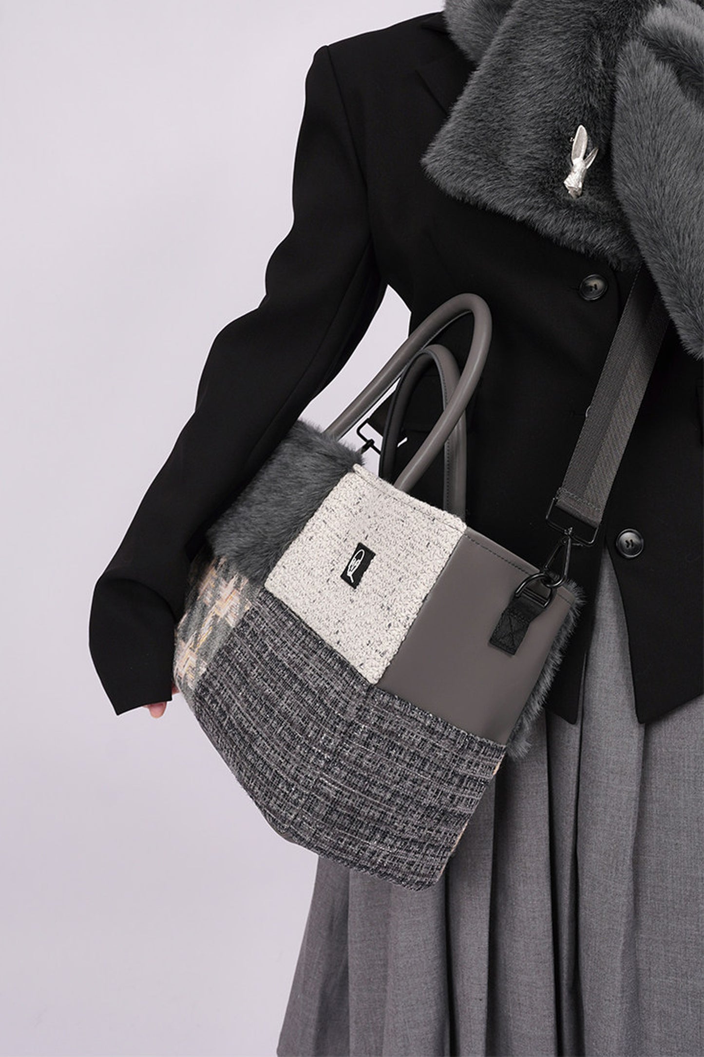 Furry Color-Block Tote Bag