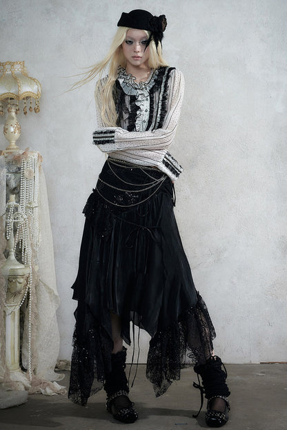 Asymmetric Polka Dot Striped Lace Shirt