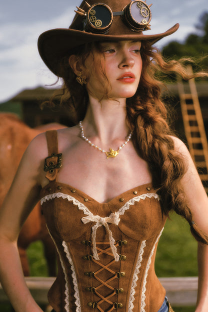 Fishbone Suede Corset Camisole Jeans Set-Up